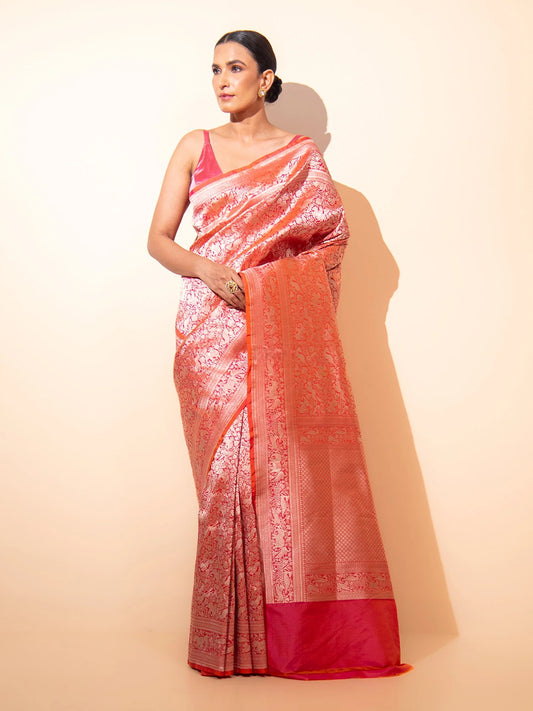 Pink Orange Shikargah Brocade Katan Silk Banarasi Saree