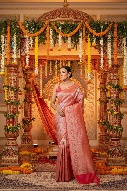 woman wearing Shikargah Banarasi silk saree elegant wedding styling Australia