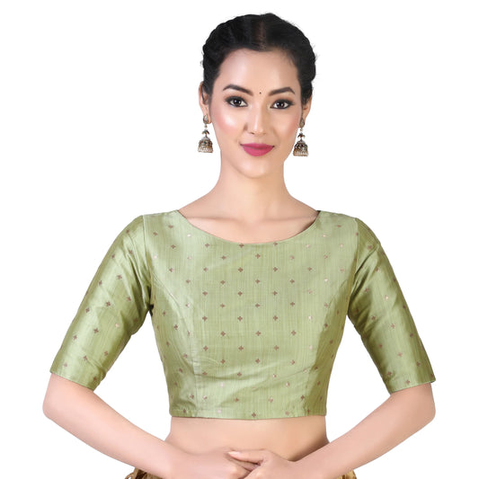 Pista Green Brocade Ready-Made Blouse - Boat Neck with Elbow Sleeves