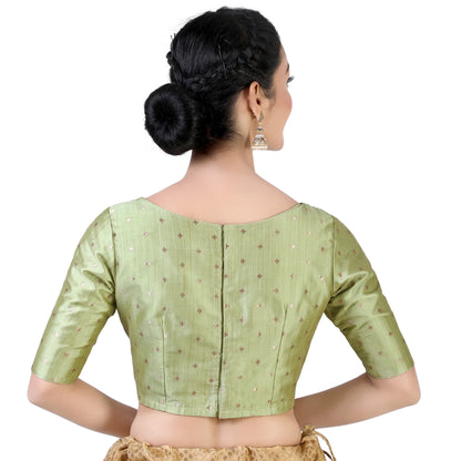 Pista Green Brocade Ready-Made Blouse - Boat Neck with Elbow Sleeves