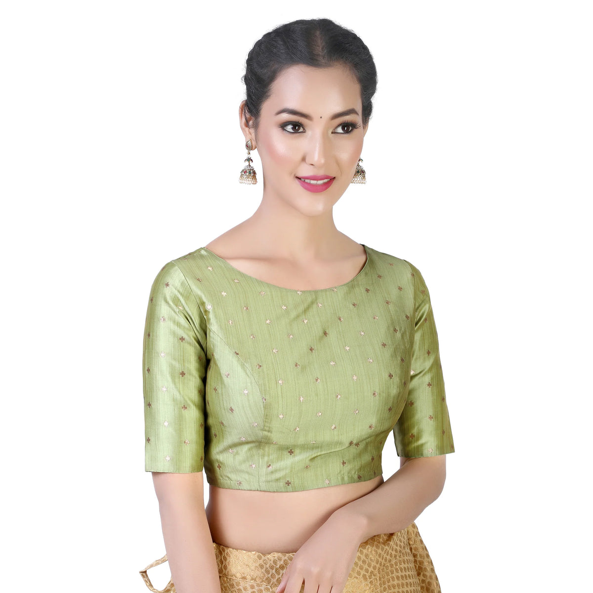 Pista Green Brocade Ready-Made Blouse - Boat Neck with Elbow Sleeves