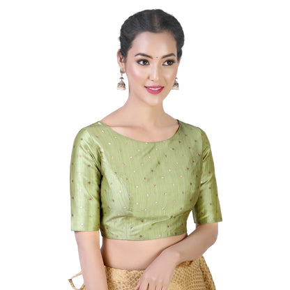 Pista Green Brocade Ready-Made Blouse - Boat Neck with Elbow Sleeves