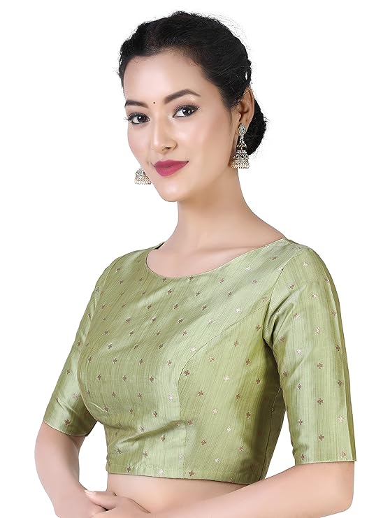 Pista Green Brocade Ready-Made Blouse - Boat Neck with Elbow Sleeves