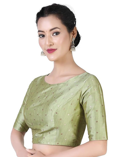 Pista Green Brocade Ready-Made Blouse - Boat Neck with Elbow Sleeves