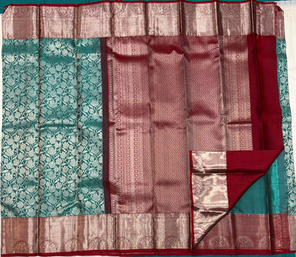 Handloom Kanchipuram Silk Saree – Teal & Red with Antique Zari Border