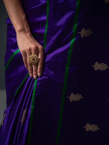 Purple Boota Satin Silk Handloom Banarasi Saree