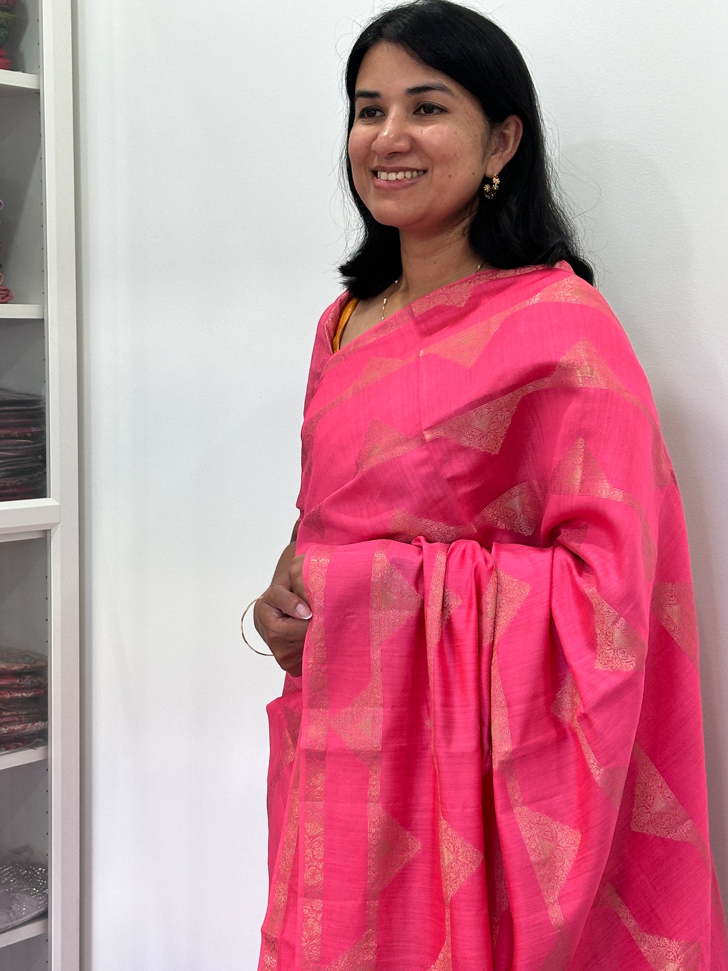 Rani Pink Chiniya Katan Silk Saree with Geometric Patterns, Brocade Blouse & Tassels | Australia