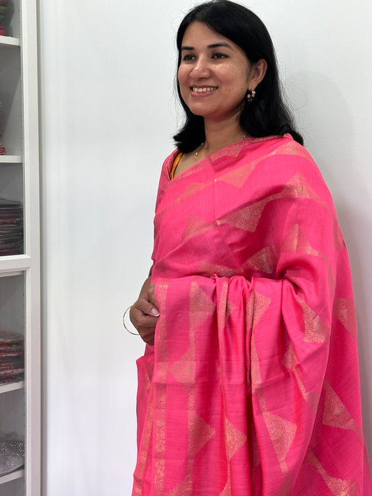 Rani Pink Chiniya Katan Silk Saree with Geometric Patterns, Brocade Blouse & Tassels | Australia