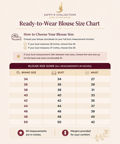 A size chart graphic for Jaffy's Collection Ready-to-Wear Blouse, showing a 'Blouse Size Guide' with brand sizes ranging from 34 to 50, bust measurements from 34 to 50, and waist measurements from 27 to 42, on a warm beige background.