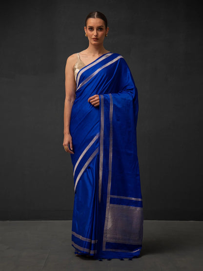 Royal Blue Plain Satin Silk Handloom Banarasi Saree