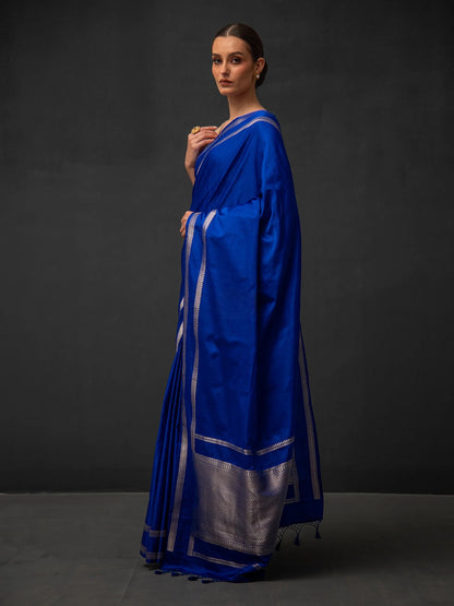 Royal Blue Plain Satin Silk Handloom Banarasi Saree