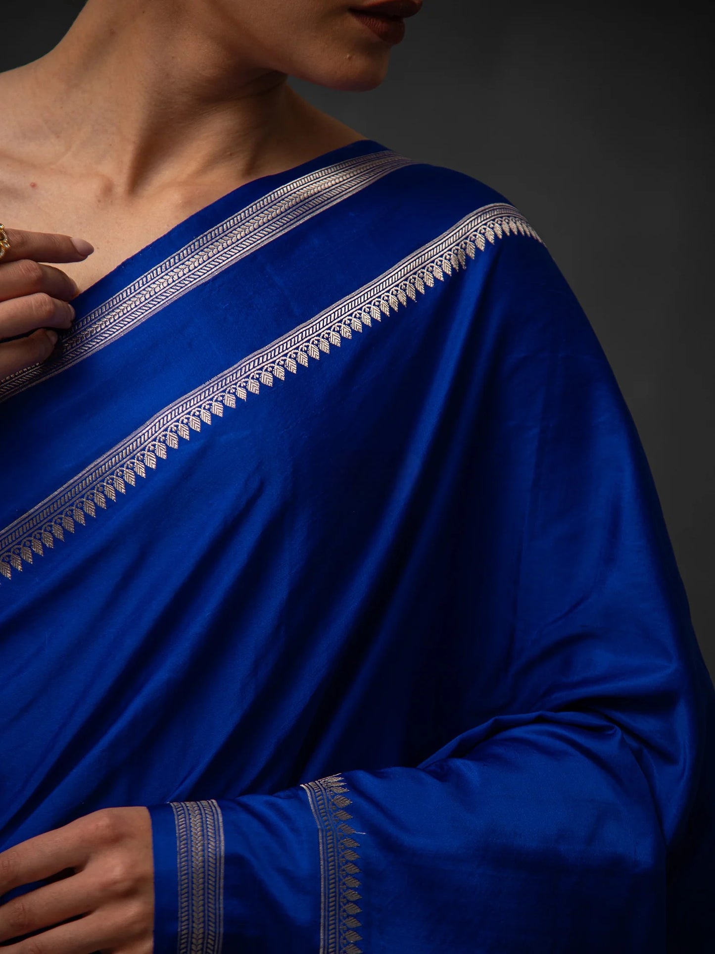 Royal Blue Plain Satin Silk Handloom Banarasi Saree