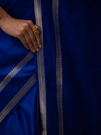 Royal Blue Plain Satin Silk Handloom Banarasi Saree