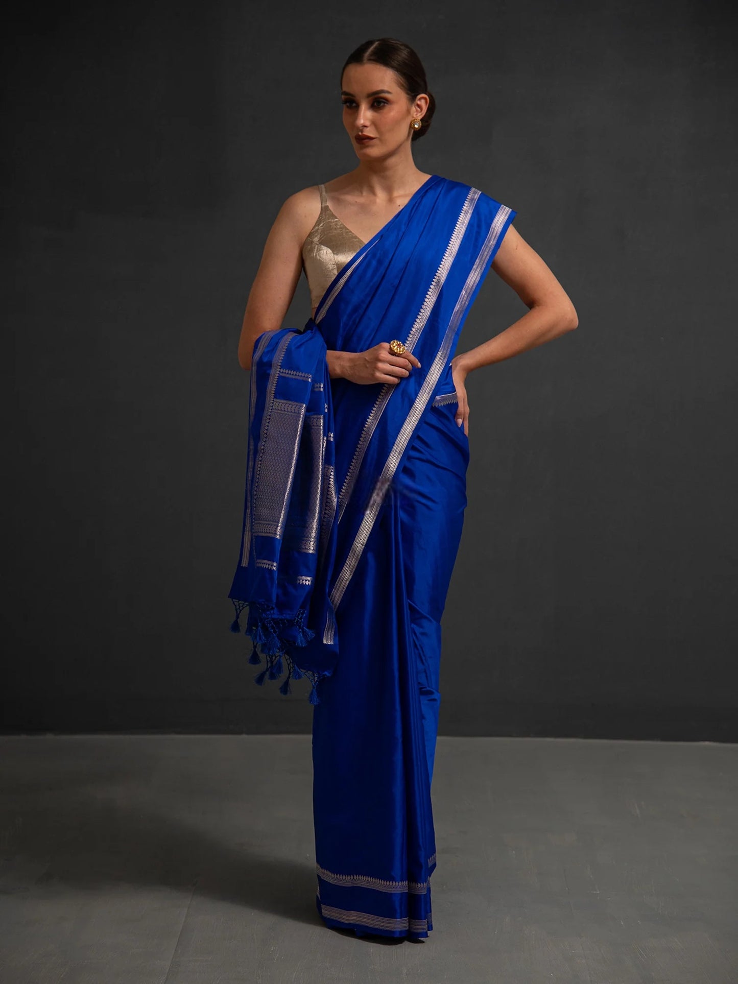 Royal Blue Plain Satin Silk Handloom Banarasi Saree