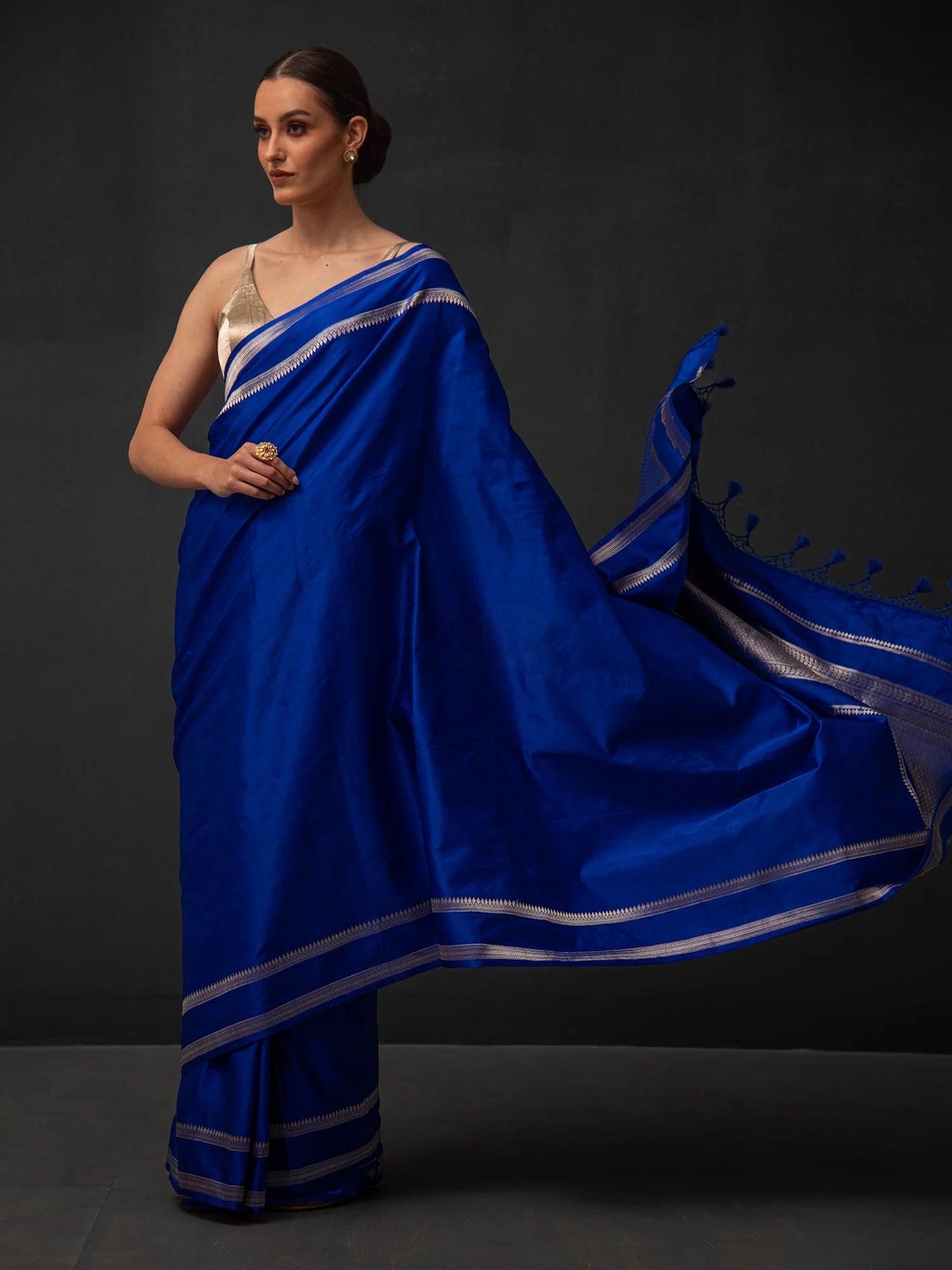 Royal Blue Plain Satin Silk Handloom Banarasi Saree