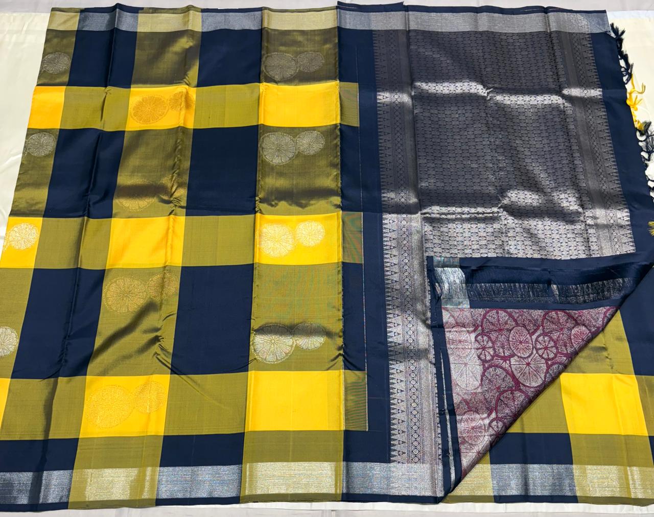 Mustard Yellow & Olive Green Checked Kanchipuram Pure Silk Saree with Navy Blue Zari Pallu – Handwoven & Silk Mark Certified