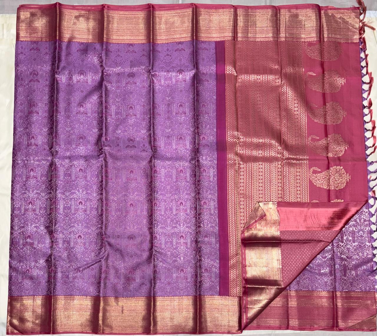 Pure Kanchipuram Silk Saree in Purple with Pink Pallu & Zari Border – Bridal & Festive Wear