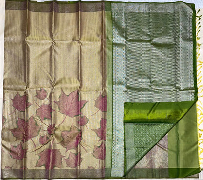 Golden Beige Kanchipuram Korvai Pure Silk Saree with Pink Floral Motifs & Green Zari Border – Handwoven & Silk Mark Certified