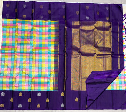 Multicolor Checkered Kanchipuram Pure Silk Saree with Purple Zari Border & Pallu – Handwoven & Silk Mark Certified