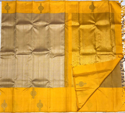 Mustard Yellow Kanchipuram Pure Silk Saree with Silver-Grey Border & Golden Zari Pallu – Handwoven & Silk Mark Certified