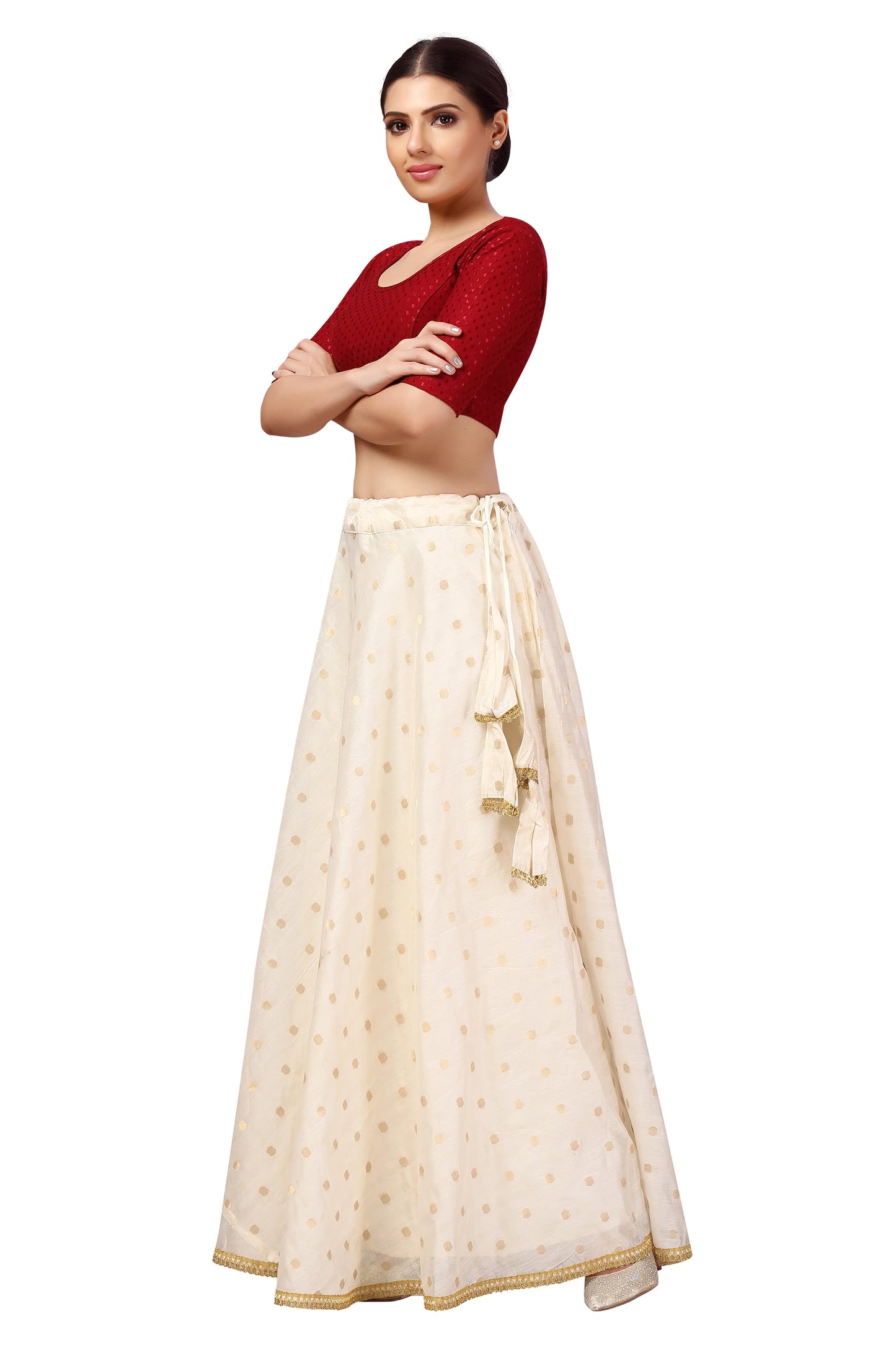 Polyester Chanderi Silk Long Skirt Lehenga - Cream