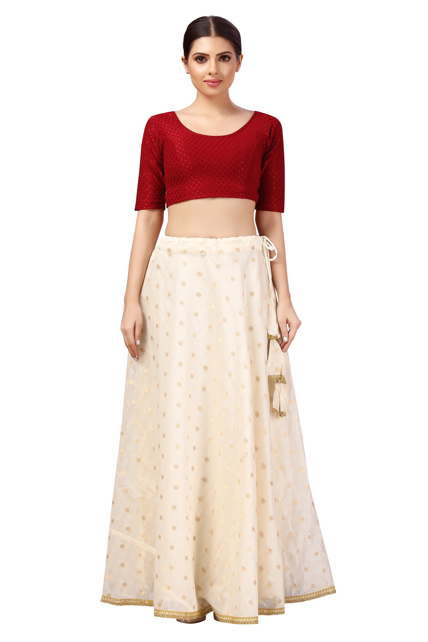 Polyester Chanderi Silk Long Skirt Lehenga - Cream