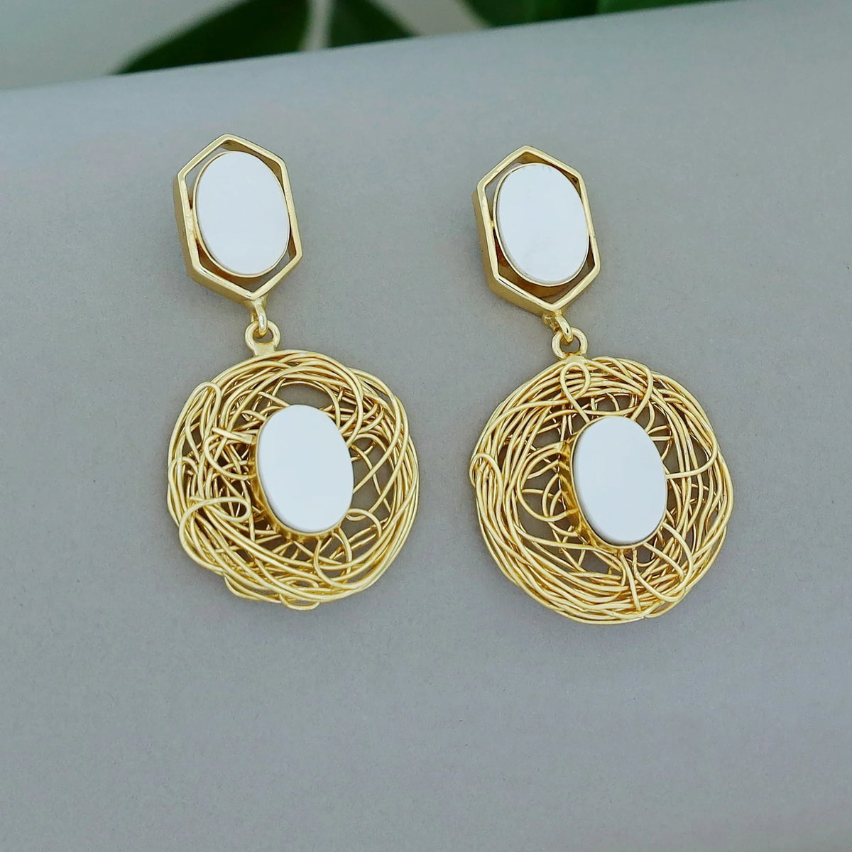 Gold-Toned Wired Dual Oval Drop Earrings with Mother of Pearl Detail