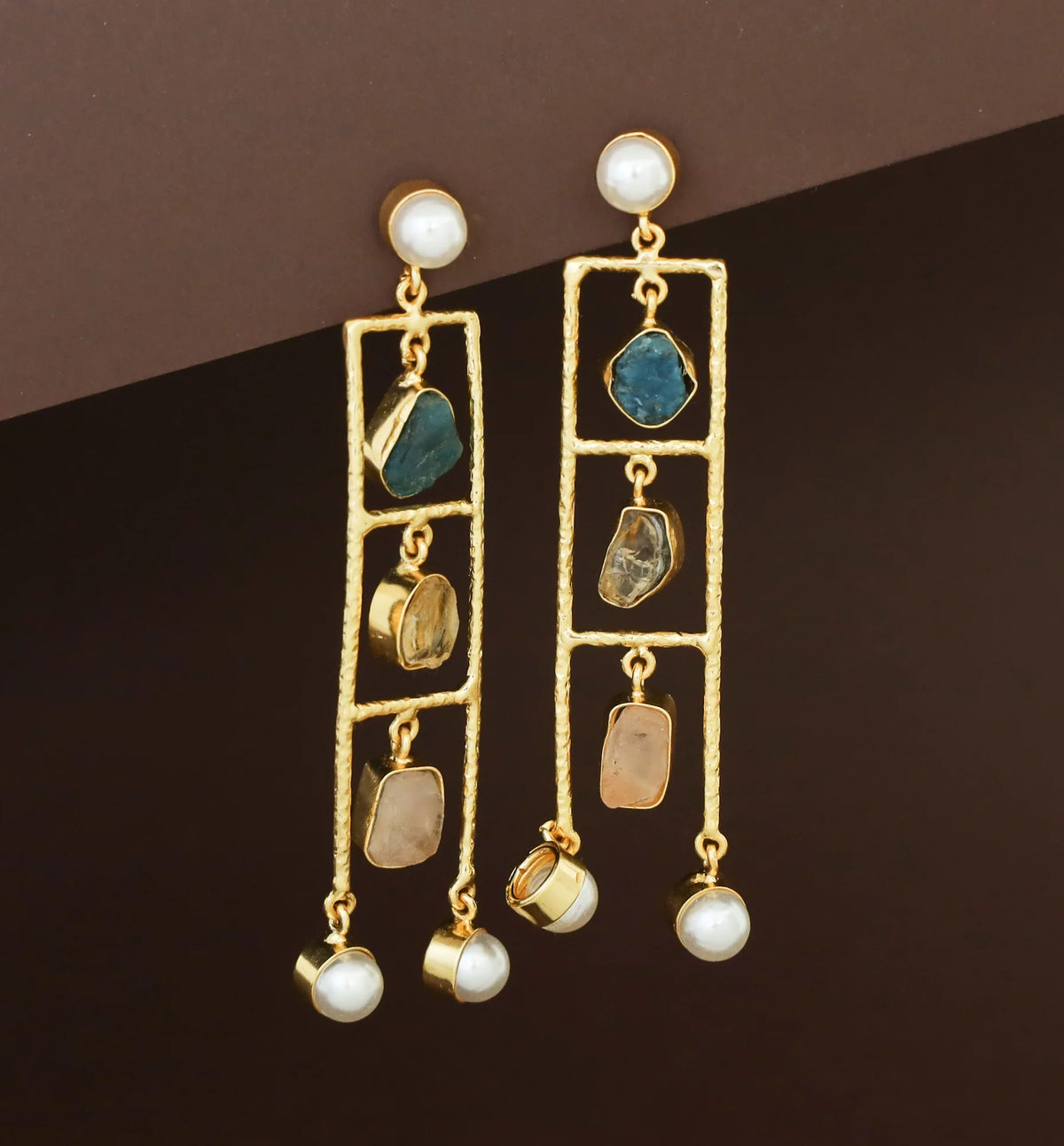 Gold-Toned Multicolour Raw Stone Rectangle Pearl Drop Earrings