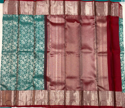 Handloom Kanchipuram Silk Saree – Teal & Red with Antique Zari Border