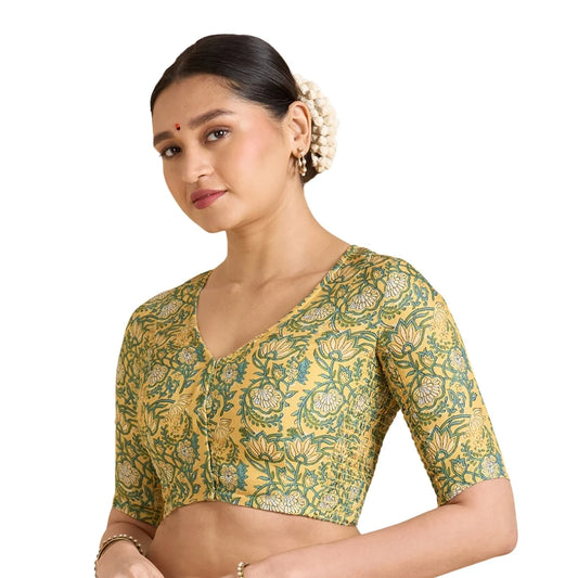 Yellow Printed Cotton Readymade Blouse with Smocked Sides