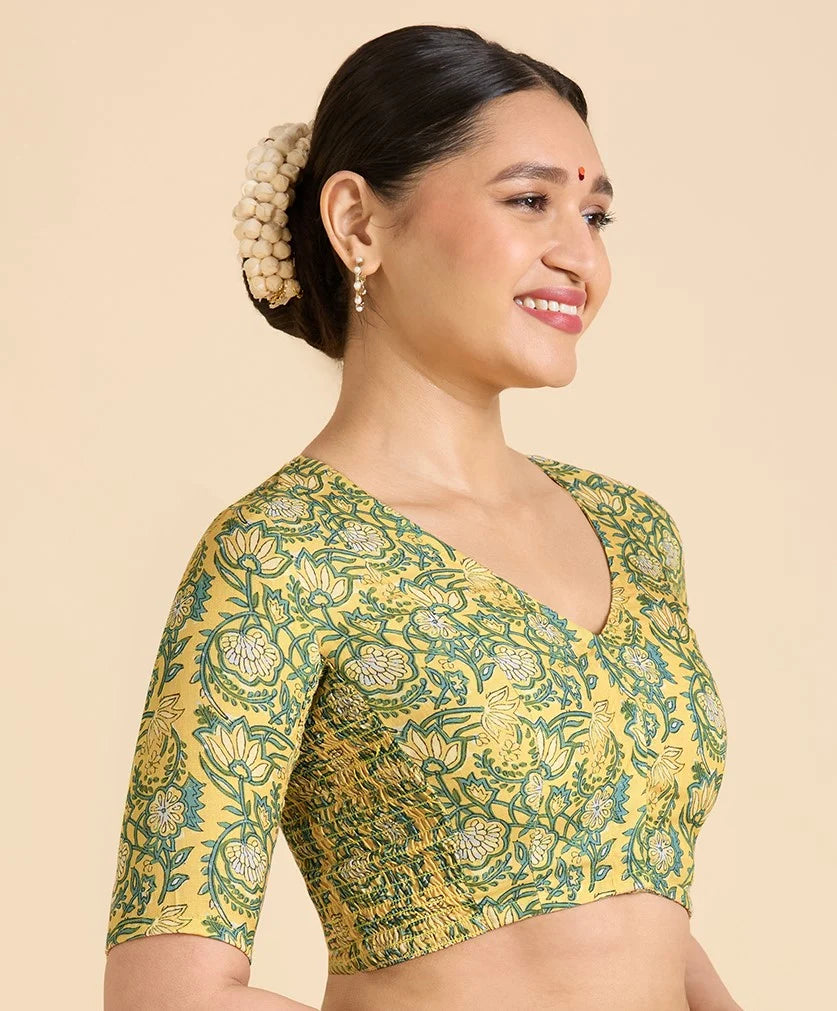 Yellow Printed Cotton Readymade Blouse with Smocked Sides