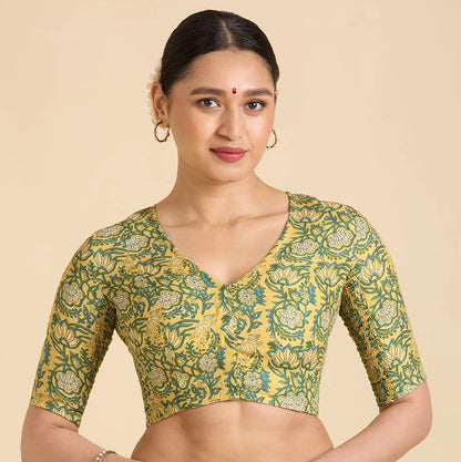 Yellow Printed Cotton Readymade Blouse with Smocked Sides