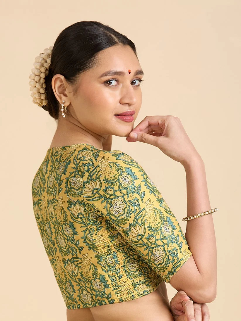 Yellow Printed Cotton Readymade Blouse with Smocked Sides