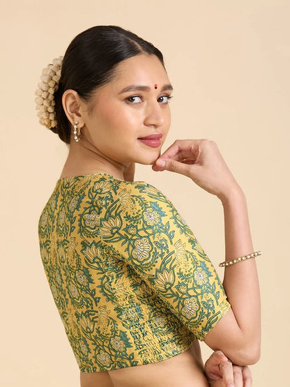 Yellow Printed Cotton Readymade Blouse with Smocked Sides