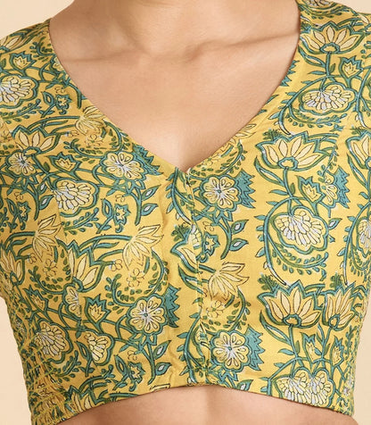 Yellow Printed Cotton Readymade Blouse with Smocked Sides