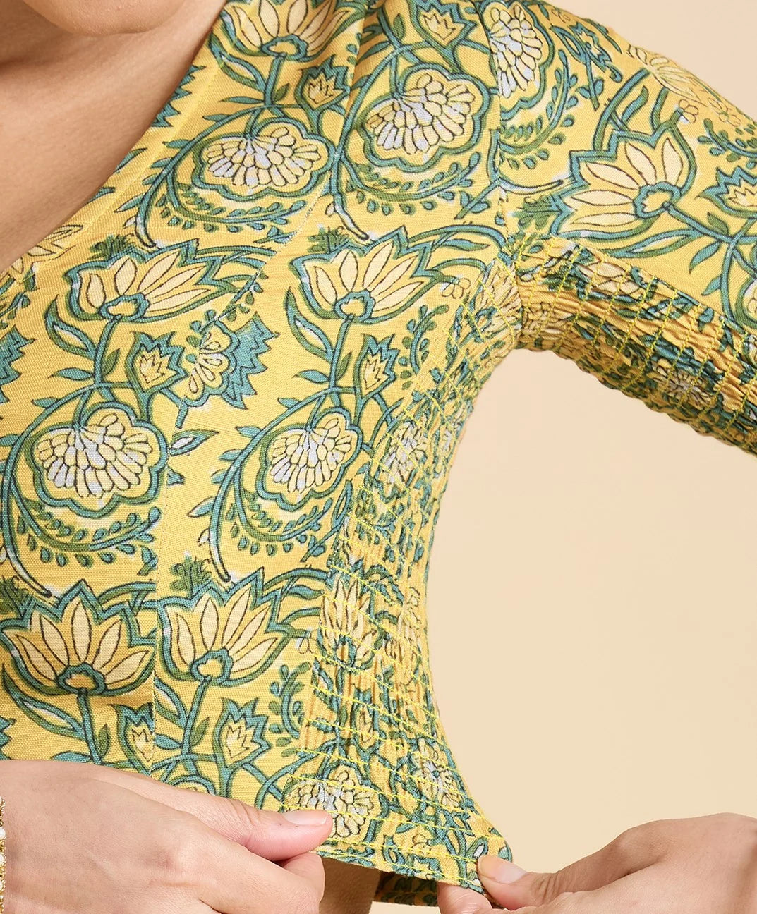 Yellow Printed Cotton Readymade Blouse with Smocked Sides