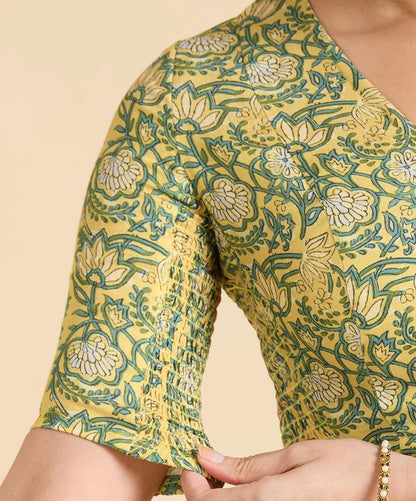 Yellow Printed Cotton Readymade Blouse with Smocked Sides