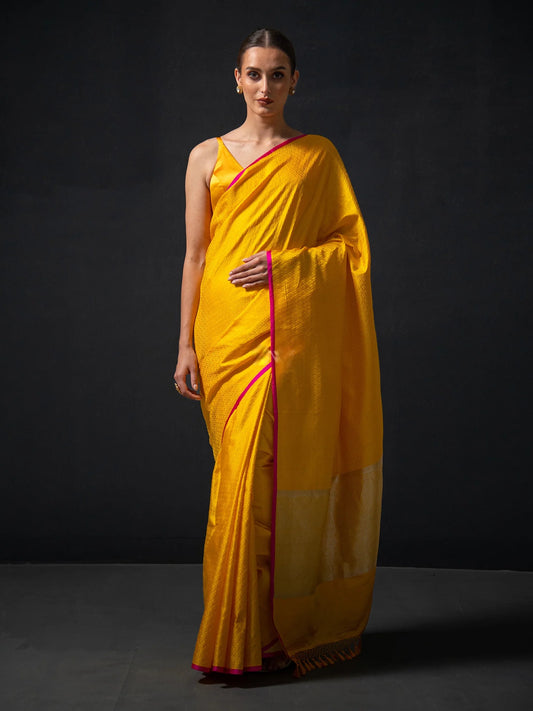 Yellow Satin Tanchoi Handloom Banarasi Saree