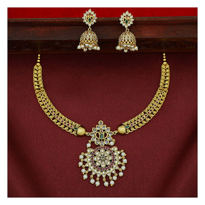 AD Stone Wing Pearl Flower Short Neckpiece Set with Earrings - Gold-Toned