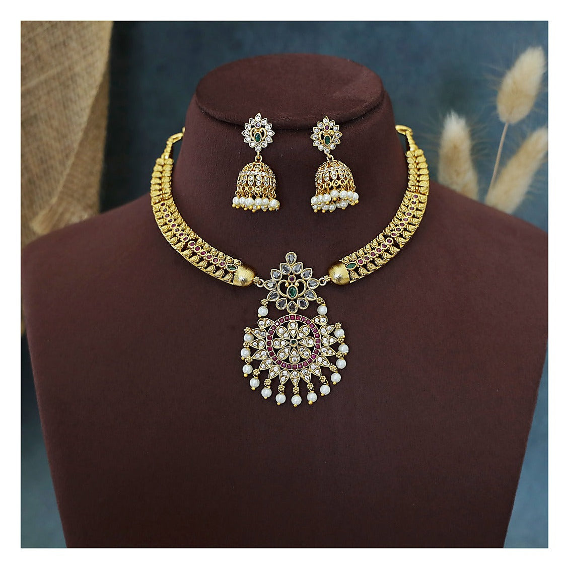 AD Stone Wing Pearl Flower Short Neckpiece Set with Earrings - Gold-Toned