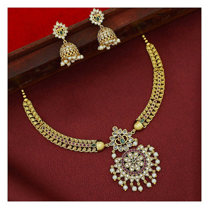 AD Stone Wing Pearl Flower Short Neckpiece Set with Earrings - Gold-Toned