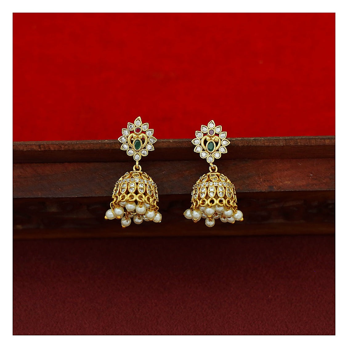 AD Stone Wing Pearl Flower Short Neckpiece Set with Earrings - Gold-Toned