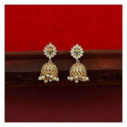 AD Stone Wing Pearl Flower Short Neckpiece Set with Earrings - Gold-Toned