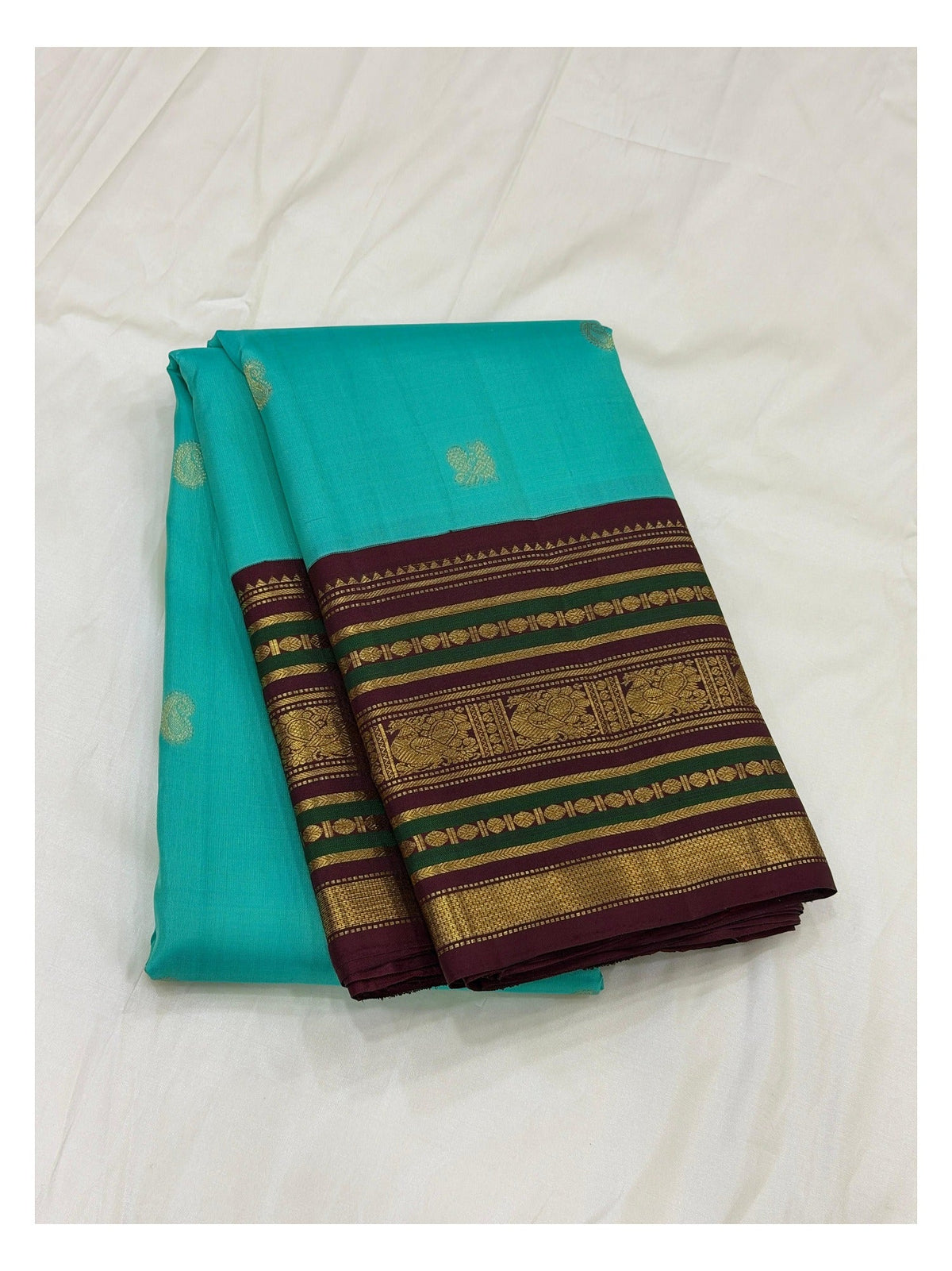 Aqua Handwoven Kanchipuram Silk Saree with Maroon Border front view
