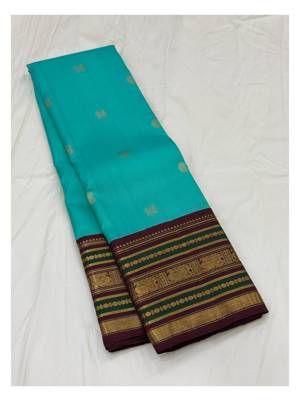 Aqua Handwoven Kanchipuram Silk Saree with Maroon Border