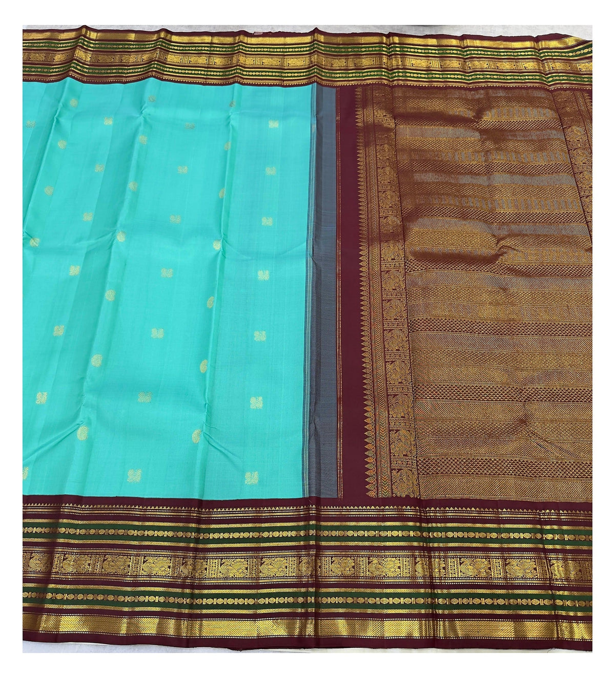 Aqua Handwoven Kanchipuram Silk Saree with Maroon Border