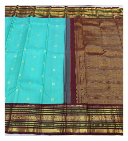 Aqua Handwoven Kanchipuram Silk Saree with Maroon Border