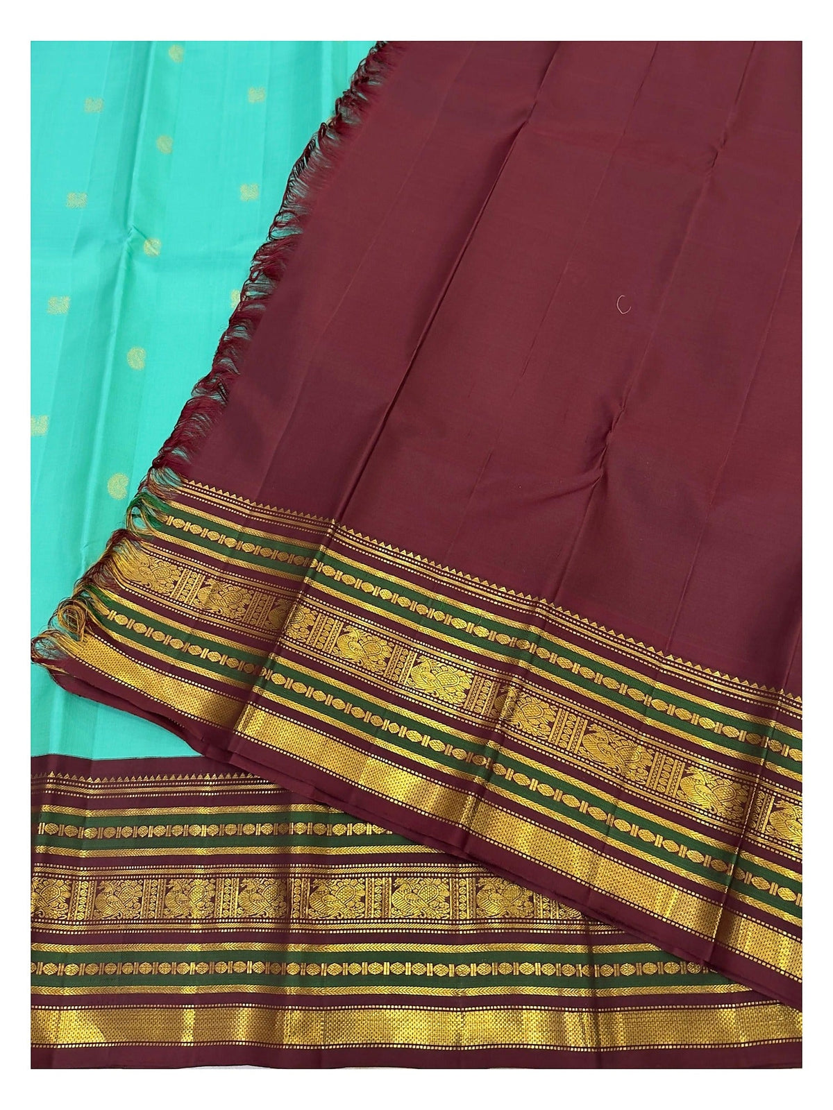 Aqua Handwoven Kanchipuram Silk Saree with Maroon Border