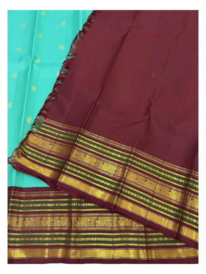 Aqua Handwoven Kanchipuram Silk Saree with Maroon Border