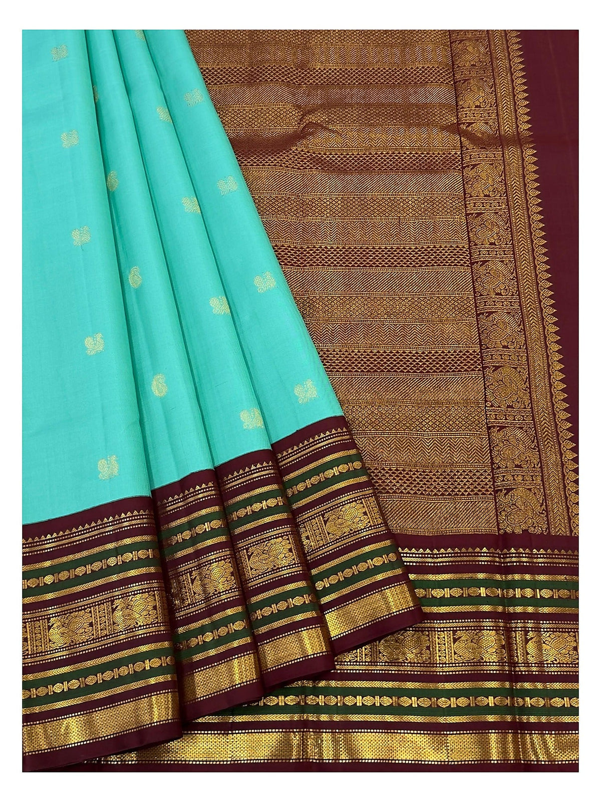 Aqua Handwoven Kanchipuram Silk Saree with Maroon Border
